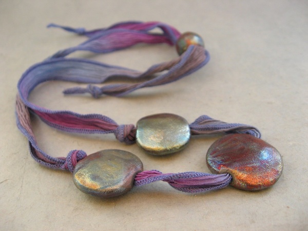 raku beads on silk ribbon clay bead necklace
